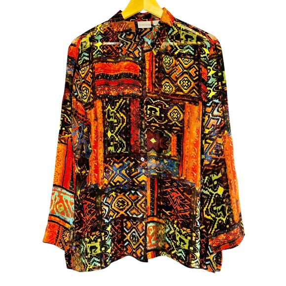 Chicos Sheer Patchwork Boho Silk Button Up Blouse Women's Size Large Aztec Fall - Picture 1 of 5